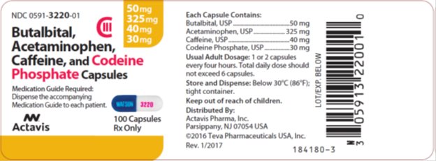 Butalbital, Acetaminophen, Caffeine, and Codeine Phosphate Capsules, 50 mg/325 mg/40 mg/30 mg, CIII, 100s Label