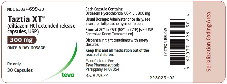 NDC 62037-699-30 Taztia XT® (diltiazem HCI extended- release capsules, USP) ONCE-A-DAY DOSAGE 300 mg Watson® 30 Capsules Rx only Each capsule contains: Diltiazem Hydrochloride USP, 300 mg Usual dosage: Administer once daily, see insert for full prescribing information. Dispense in tight containers with safety closures. Store at controlled room temperature, 20º-25ºC (68º-77ºF). [See USP.] Keep this and all medication out of the reach of children. Manufactured By: Watson Laboratories, Inc. Corona, CA 92880 USA 7098 (03/08) Distributed By: Watson Pharma, Inc.