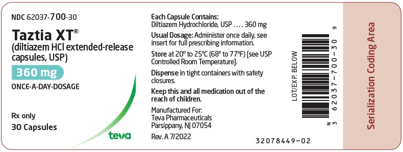 NDC 62037-700-30 Taztia XT® (diltiazem HCI extended- release capsules, USP) ONCE-A-DAY DOSAGE 360 mg Watson® 30 Capsules Rx only Each capsule contains: Diltiazem Hydrochloride USP, 360 mg Usual dosage: Administer once daily, see insert for full prescribing information. Dispense in tight containers with safety closures. Store at controlled room temperature, 20º-25ºC (68º-77ºF). [See USP.] Keep this and all medication out of the reach of children. Manufactured By: Watson Laboratories, Inc. Corona, CA 92880 USA 7100 (03/08) Distributed By: Watson Pharma, Inc.