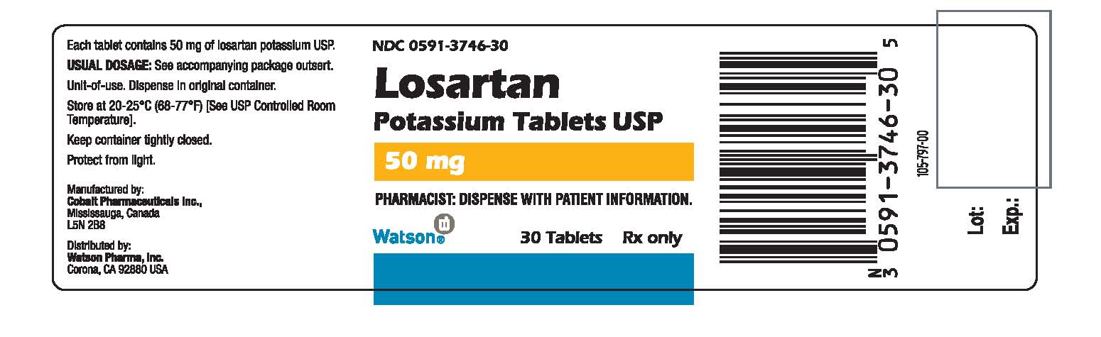 NDC 0591-3746-30 LOSARTAN Potassium Tablets USP 50 mg PHARMACIST: DISPENSE WITH PATIENT INFORMATION Watson 30 Tablets Rx only