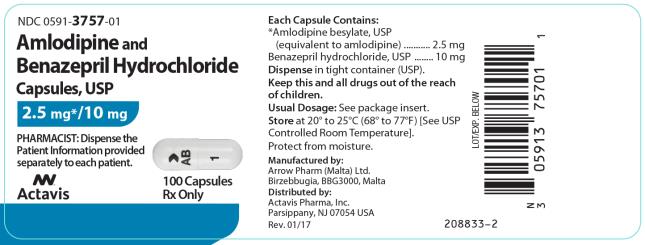 PRINCIPAL DISPLAY PANEL NDC 0591-3757-01 Amlodipine and Benazepril Hydrochloride Capsules, USP 2.5 mg/10 mg 100 Capsules Rx Only