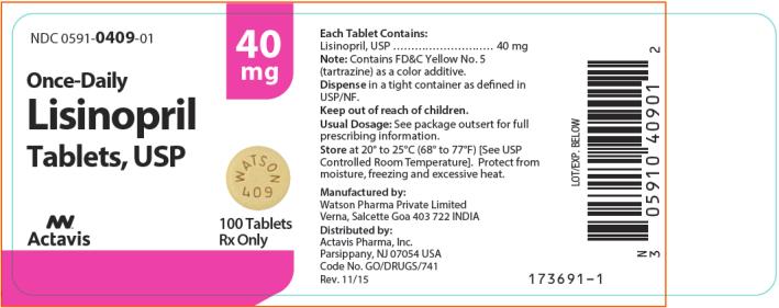 NDC 0591-0409-01 Lisinopril Tablets, USP 100 Tablets Rx Only