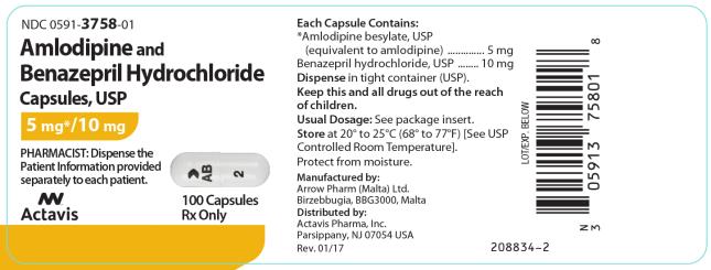 PRINCIPAL DISPLAY PANEL NDC 0591-3758-01 Amlodipine and Benazepril Hydrochloride Capsules, USP 5 mg/10 mg 100 Capsules Rx Only