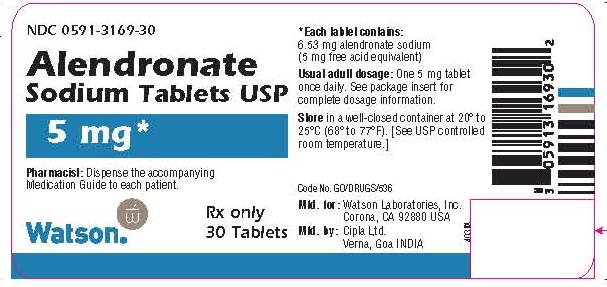 NDC 0591-3169-30 Alendronate Sodium Tablets USP 5 mg* Watson® Rx only 30 Tablets