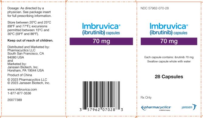 PRINCIPAL DISPLAY PANEL - 28 Capsule Bottle Carton
NDC 57962-070-28
Imbruvica®
(ibrutinib) capsules
70 mg
Each capsule contains: ibrutinib 70 mg
Swallow capsules whole with water
28 Capsules
Rx Only
pharmacyclics®
An AbbVie Company
janssen


