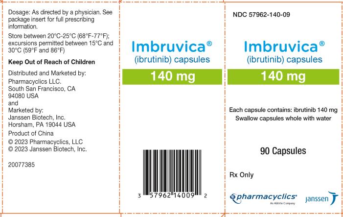 NDC 57962-140-09
Imbruvica®
(ibrutinib) capsules
140 mg
Each capsule contains: ibrutinib 140 mg
Swallow capsules whole with water
90 Capsules
Rx Only
pharmacyclics®
An AbbVie Company
janssen
