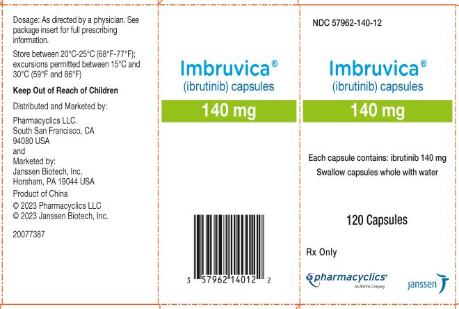 NDC 57962-140-12
Imbruvica®
(ibrutinib) capsules
140 mg
Each capsule contains: ibrutinib 140 mg
Swallow capsules whole with water
120 Capsules
Rx Only
pharmacyclics®
An AbbVie Company
janssen
