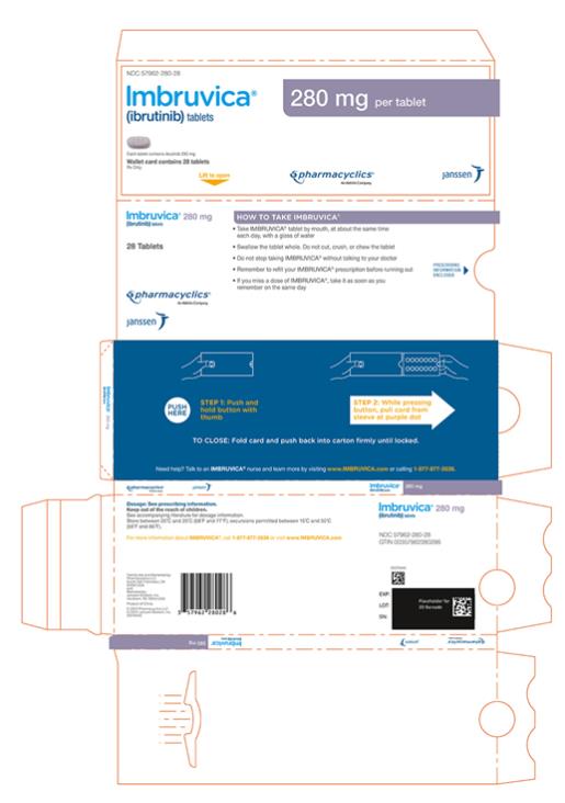 NDC 57962-280-28
Imbruvica®
(ibrutinib) tablets
280 mg per tablet
Each tablet contains ibrutinib 280 mg
Wallet card contains 28 tablets
Rx Only
pharmacyclics®
An AbbVie Company
janssen
