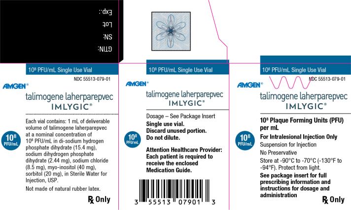 Principal Display Panel 108 PFU/mL Single Use Vial NDC 55513-079-01 Amgen® talimogene laherparepvec IMLYGIC® 108 Plaque Forming Units (PFU) per mL 108 PFU/mL For Intralesional Injection Only Suspension for Injection No Preservative Store at -90°C to -70°C (-130°F to -94°F). Protect from light. See package insert for full prescribing information and instructions for dosage and administration Rx Only