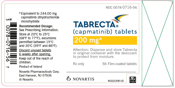 PRINCIPAL DISPLAY PANEL NDC 0078-0716-56 TABRECTA™ (capmatinib) tablets 200 mg* Attention: Dispense and store Tabrecta in original container with the desiccant to protect from moisture. Rx only 56 Film-coated tablets NOVARTIS