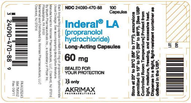 NDC 24090-470-88
Inderal® LA
(propranolol hydrochloride)
Long- Acting Capsules 
60 mg
100 Capsules 
Rx only
