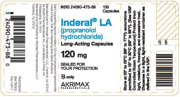 NDC 24090-473-88
Inderal® LA
(propranolol hydrochloride)
Long- Acting Capsules 
120 mg
100 Capsules 
Rx only
