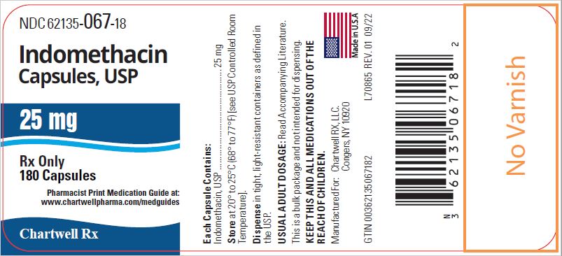 Indomethacin Capsules, USP 25 mg  - NDC 62135-067-18 - 180 Capsules Label