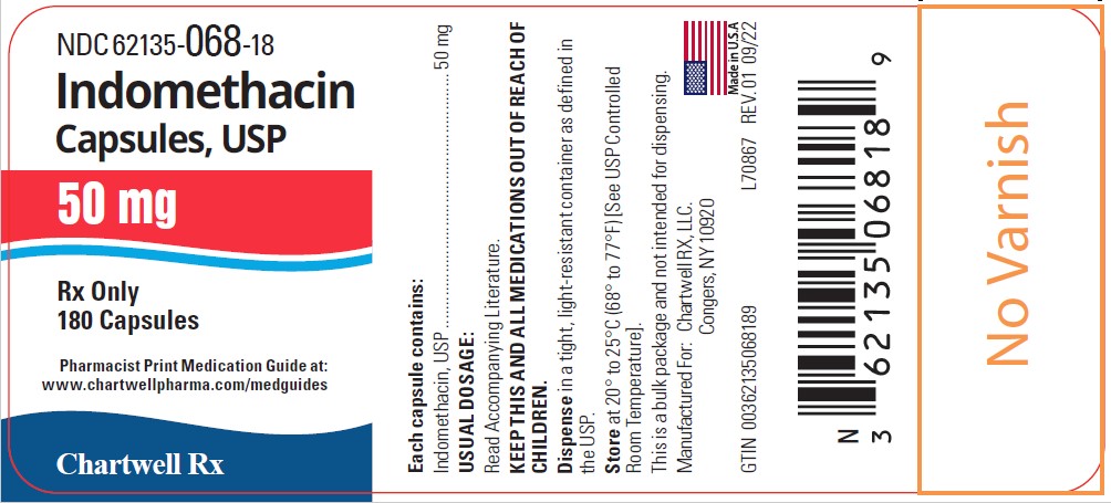 Indomethacin Capsules, USP 50 mg  - NDC 62135-068-18 - 180 Capsules Label