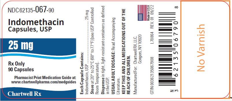 Indomethacin Capsules, USP 25 mg  - NDC 62135-067-90 - 90 Capsules Label