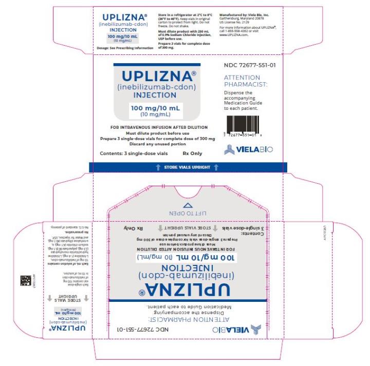 PRINCIPAL DISPLAY PANEL NDC 72677-551-01 UPLIZNA® (inebilizumab-cdon) INJECTION 100 mg/10 mL Contents: 3 single-dose vials Rx Only
