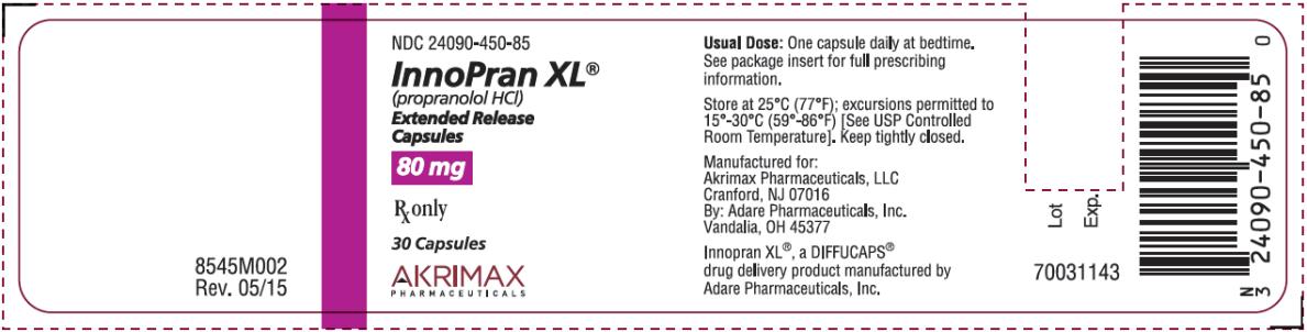 PRINCIPAL DISPLAY PANEL - 80 mg Capsule NDC 24090-450-85 InnoPran XL® (propranolol HCl) Extended Release Capsules 80 mg Rx only 30 Capsules
