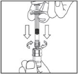 Step 2:
Remove Syringe cap by twisting and pulling gently. Attach Syringe to Adapter on Vial by twisting. Slowly push plunger down to completely transfer solution into Vial. Leaving Syringe connected to Vial, gently swirl; round tablet in Vial will dissolve within 10 seconds.
