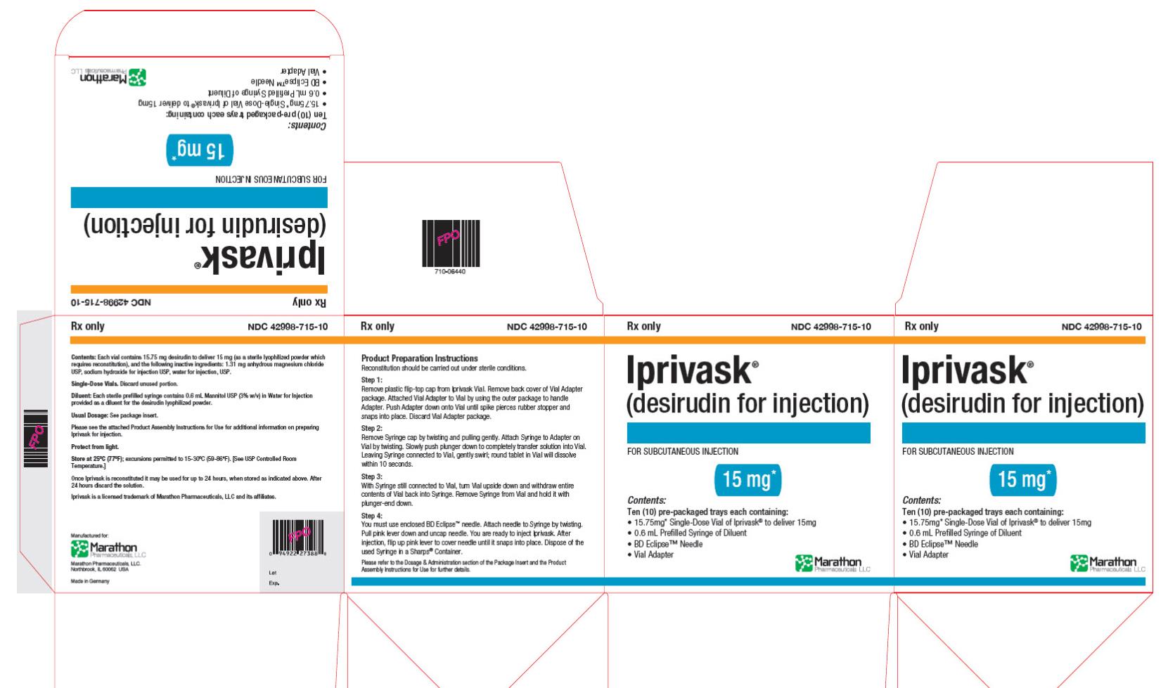 PRINCIPAL DISPLAY PANEL
Rx only
NDC 42998-715-10
Iprivask
(desirudin for injection)
FOR SUBCUTANEOUS INJECTION
15 mg*
Marathon Pharmaceuticals LLC
