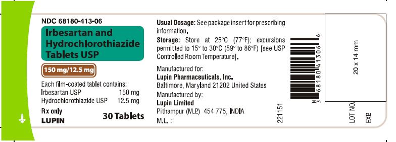 Irbesartan and Hydrochlorothiazide Tablets USP
Rx Only
150 mg/12.5 mg
NDC 68180-413-06
							30s Tablets