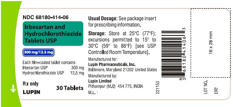 Irbesartan and Hydrochlorothiazide Tablets USP
Rx Only
300 mg/12.5 mg
NDC 68180-414-06
							30s Tablets