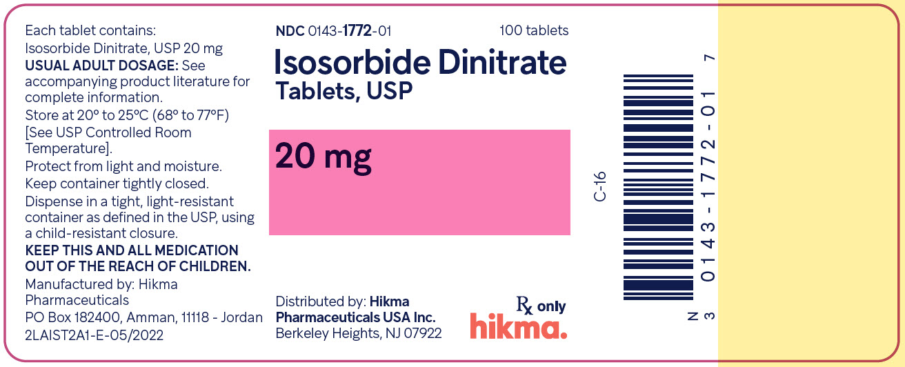 NDC 0143-1772-01 Isosorbide Dinitrate Tablets, USP 20 mg 100 Tablets Rx Only