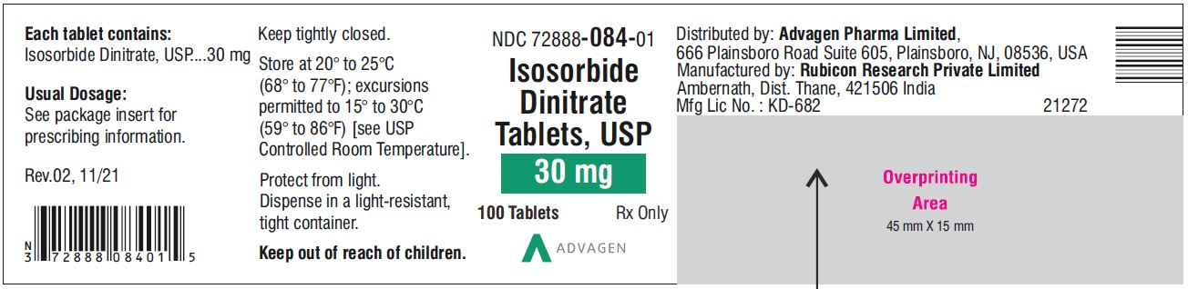 Isosorbide Dinitrate Tablets 30 mg - NDC 72888-084-01  - 100 Tablets Bottle