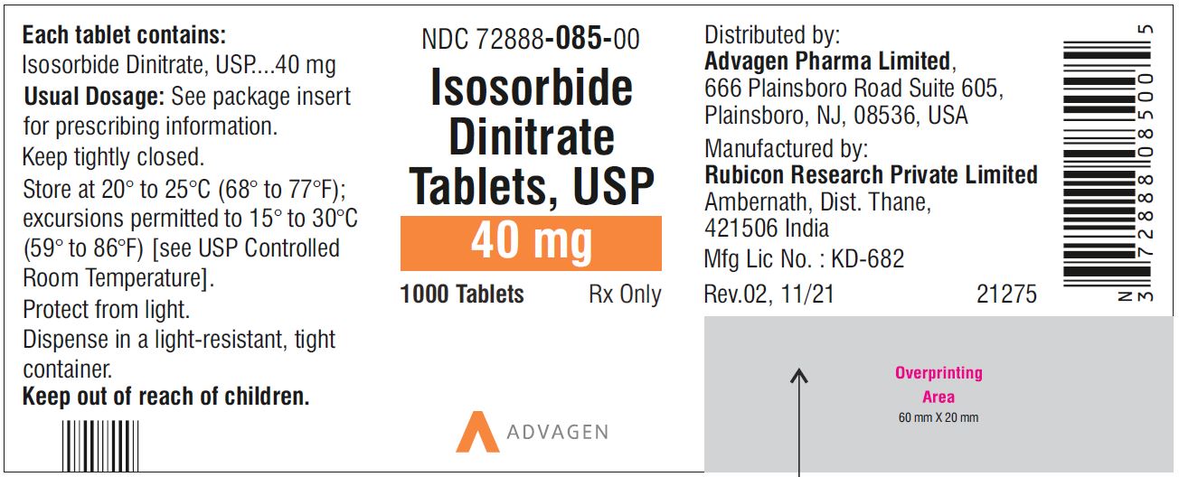 Isosorbide Dinitrate Tablets 40 mg - NDC 72888-085-00  - 1000 Tablets Bottle