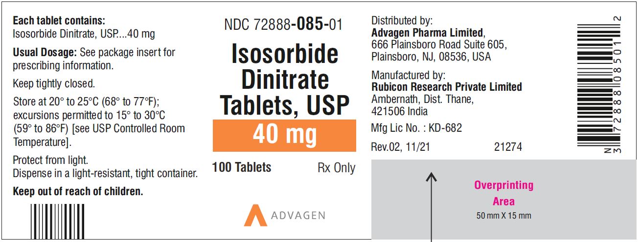 Isosorbide Dinitrate Tablets 40 mg - NDC 72888-085-01  - 100 Tablets Bottle