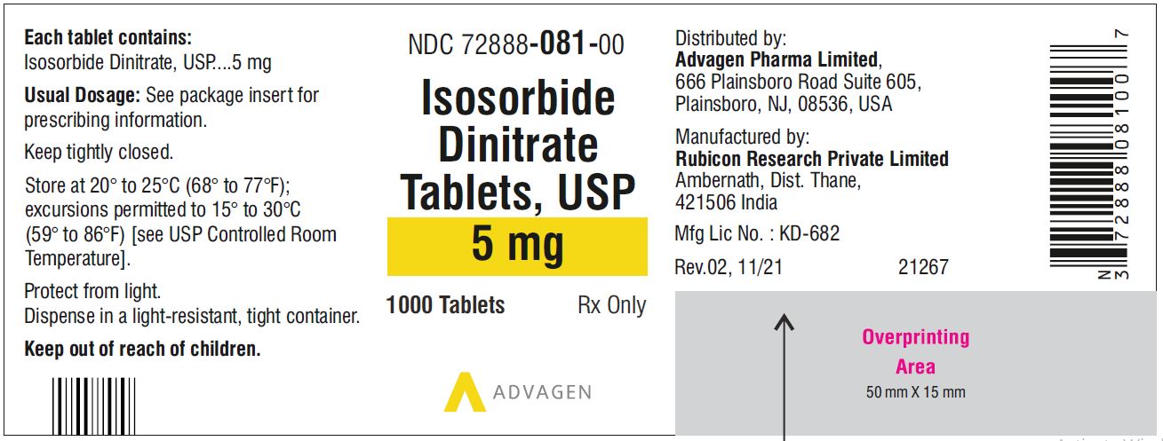 Isosorbide Dinitrate Tablets 5 mg - NDC 72888-081-00  - 1000 Tablets Bottle