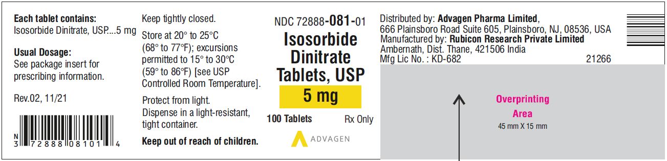 Isosorbide Dinitrate Tablets 5 mg - NDC 72888-081-01  - 100 Tablets Bottle