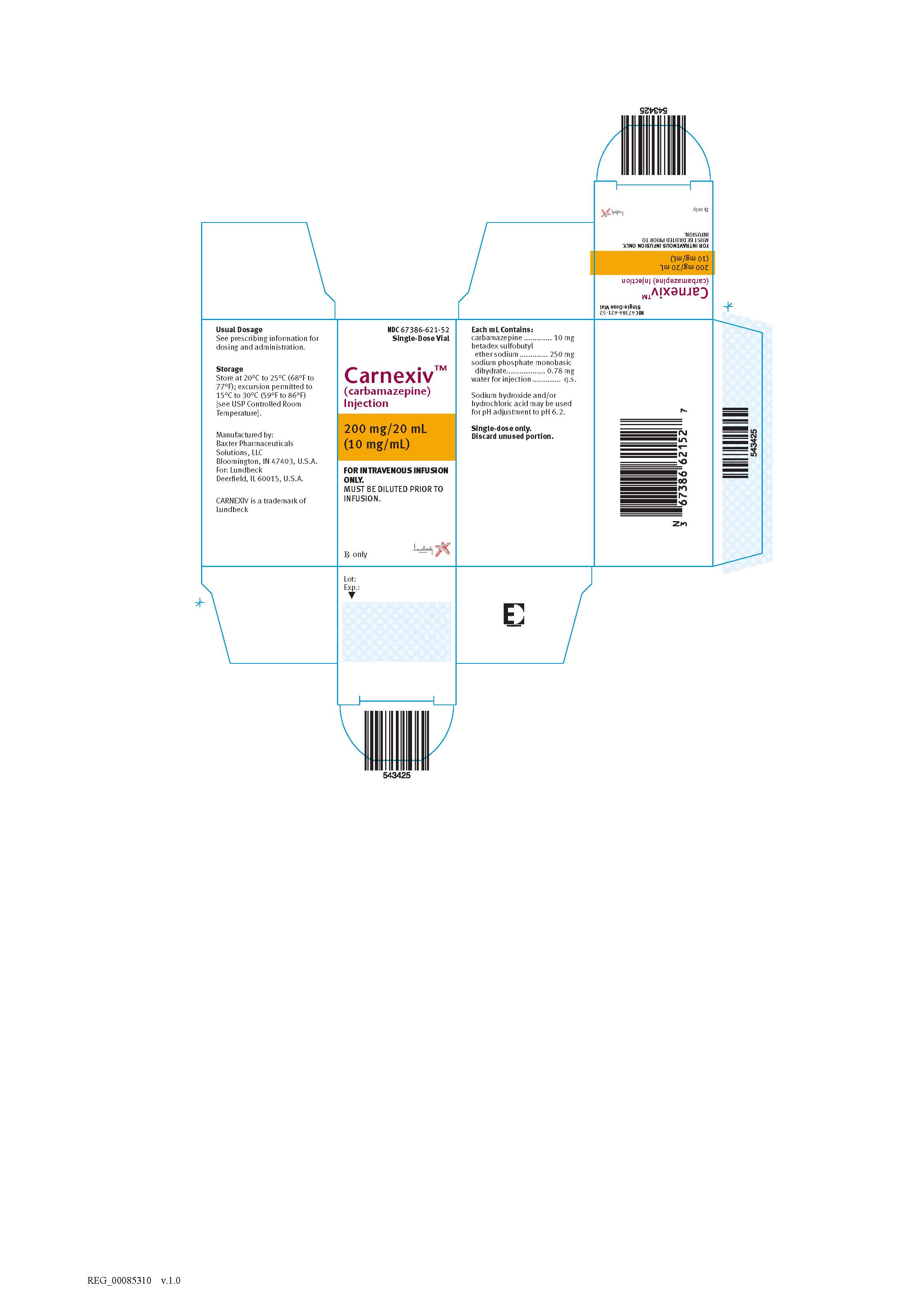 NDC 67386-621-52 Single Use Vial Carnexiv™ (carbamazepine) Injection 200 mg/20mL 10 mg/mL For Intravenous use only. MUST BE DILUTED PRIOR TO INFUSION.