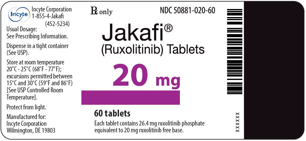 Jakafi (Ruxolitinib) 20mg Tablets - 60 Tablet Bottle Label