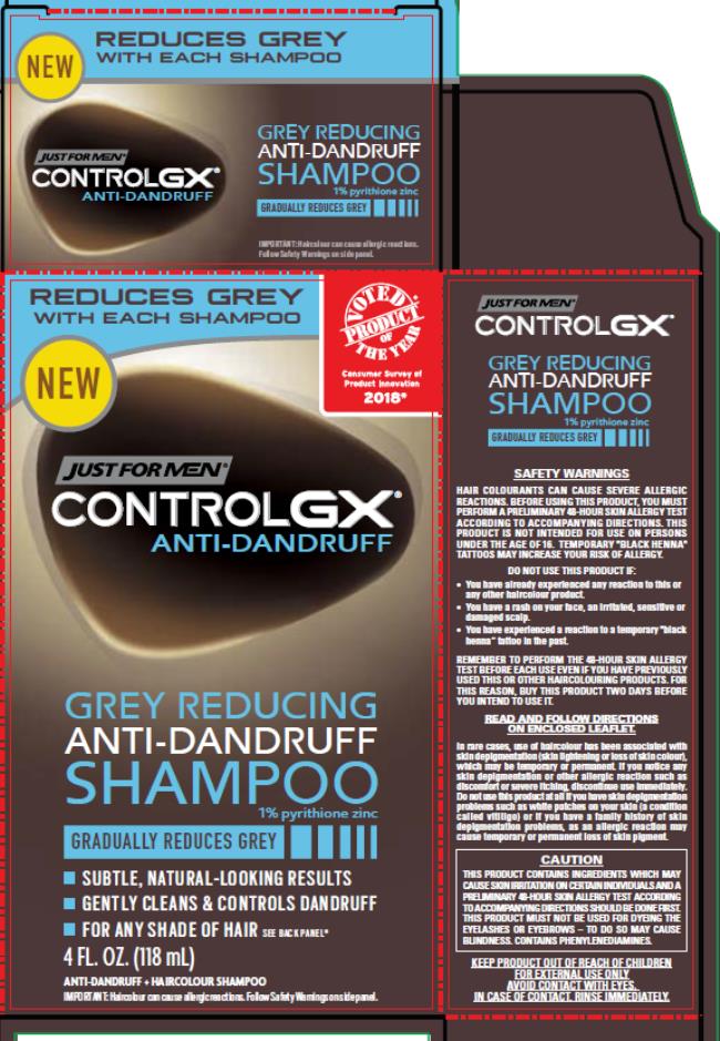 PRINCIPAL DISPLAY PANEL 
REDUCES GREY WITH EACH SHAMPOO
JUST FOR MEN®
CONTROL GX® ANTI-DANDRUFF 
GREY REDUCING ANTI-DANDRUFF SHAMPOO
1% pyrithione zinc
GRADUALLY REDUCES GREY 
SUBTLE, NATURAL-LOOKING RESULTS
GENTLY CLEANS & CONTROLS DANDRUFF
FOR ANY SHADE OF HAIR. SEE BACK PANEL*
4 FL. OZ. (118 mL)
ANTI-DANDRUFF + HAIRCOLOUR SHAMPOO
IMPORTANT: Haircolour can cause allergic reactions. Follow Safety Warnings on side panel. 
