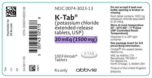 PRINCIPAL DISPLAY PANEL
NDC 0074-3023-13
K-Tab
(potassium chloride 
extended-release tablets, USP)
20 mEq (1500 mg)
100 Filmtab
Tablets
Rx Only
