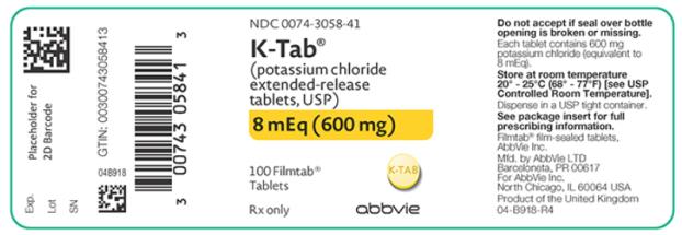 PRINCIPAL DISPLAY PANEL
NDC 0074-3058-41
K-Tab
(potassium chloride 
extended-release tablets, USP)
8 mEq (600 mg)
100 Filmtab
Tablets
Rx Only
