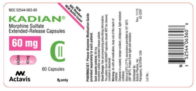 PRINCIPAL DISPLAY PANEL
NDC 52544-063-60
KADIAN
Morphine Sulfate
extended- Release Capsules
60 mg
60 Capsules
Rx Only
