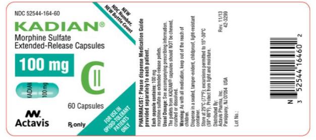 PRINCIPAL DISPLAY PANEL
NDC 52544-164-60
KADIAN
Morphine Sulfate
extended- Release Capsules
100 mg
60 Capsules
Rx Only
