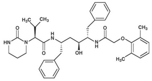 The following structural formula for Lopinavir is chemically designated as [1S-[1R*,(R*), 3R*, 4R*]]-N-[4-[[(2,6-dimethylphenoxy)acetyl]amino]-3-hydroxy-5-phenyl-1-(phenylmethyl)pentyl]tetrahydro-alpha-(1-methylethyl)-2-oxo-1(2H)-pyrimidineacetamide. Its molecular formula is C37H48N4O5, and its molecular weight is 628.80. Lopinavir is a white to light tan powder. It is freely soluble in methanol and ethanol, soluble in isopropanol and practically insoluble in water. 