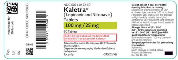 NDC 0074-0522-60 
Kaletra®
(Lopinavir and Ritonavir) 
Tablets 
100 mg / 25 mg 
60 Tablets 
ALERT: Find out about medicines that should NOT be taken with Kaletra®
Attention Pharmacist: Do not cover ALERT box with pharmacy label. 
Dispense the accompanying Medication Guide to each patient 
Rx only abbvie 
