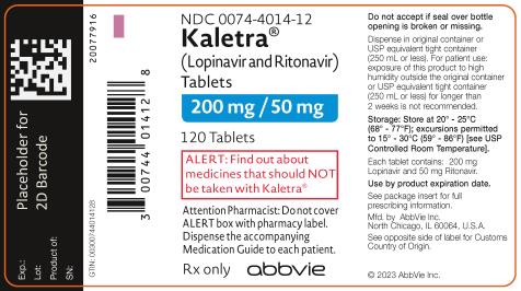 NDC 0074-4014-12 
Kaletra®
(Lopinavir and Ritonavir) 
Tablets 
200 mg / 50 mg 
ALERT: Find out about medicines that should NOT be taken with Kaletra®
Attention Pharmacist: Do not cover ALERT box with pharmacy label. 
Dispense the accompanying Medication Guide to each patient. 
Rx only abbvie
