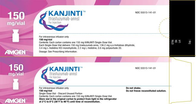 PRINCIPAL DISPLAY PANEL NDC 55513-141-01 KANJINTI™ (trastuzumab-anns) For Injection 150 mg/vial For intravenous infusion only 150 mg/vial Single-Dose Vial – Discard Unused Portion Contents: Each carton contains one 150 mg KANJINTI Single-Dose Vial. AMGEN® Store vial in the original carton to protect from light in the refrigerator at 2°C to 8°C (36°F to 46°F) until time of reconstitution. Do not shake. Do not freeze reconstituted solution.