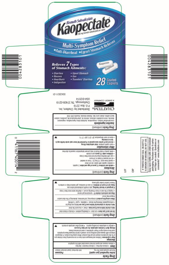 Principal Display Panel
Bismuth Subsalicylate
Kaopectate® 
·	Multi-Symptom Relief
·	Anti-Diarrheal
·	Upset Stomach Reliever
Relieves 7 types of Stomach Ailments:
·	Diarrhea
·	Upset Stomach
·	Nausea
·	Gas
·	Heartburn
·	Travelers" Diarrhea
·	Indgestion
28 Coated Caplets
