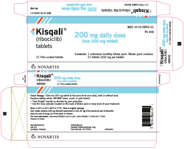 PRINCIPAL DISPLAY PANEL
								NDC 0078-0860-01
								Rx only
								Kisqali®
								(ribociclib)
								tablets
								200 mg daily dose
								(one 200 mg tablet)
								21 Film-coated tablets
								Contents: 1 individual monthly blister pack. Blister pack contains 21 tablets (200 mg per tablet).
								NOVARTIS