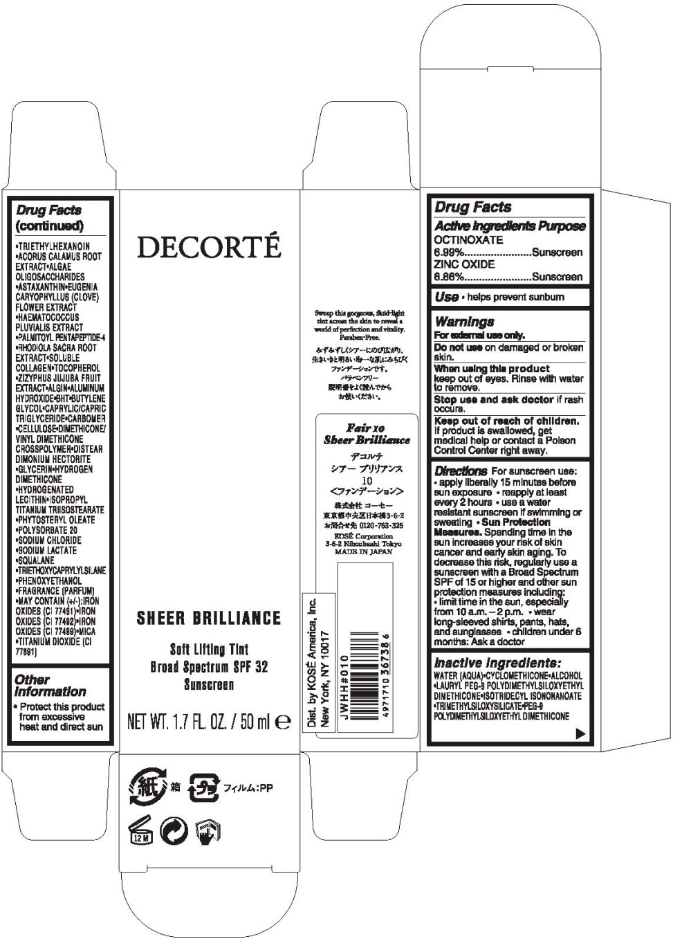 Principal Display Panel - Decorte Sheet Brilliance 10 Level 50 ml Carton Label
