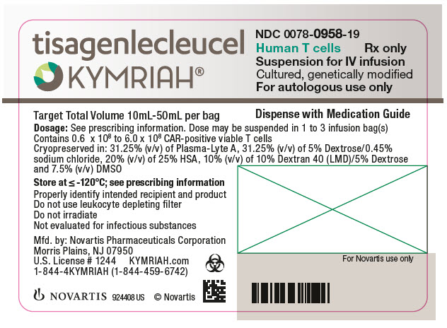 PRINCIPAL DISPLAY PANEL
								tisagenlecleucel
								KYMRIAH®
								NDC 0078-0958-19
								Human T cells
								Rx only 
								Suspension for IV infusion
								Cultured, genetically modified
								For autologous use only
								Dispense with Medication Guide
								NOVARTIS
							