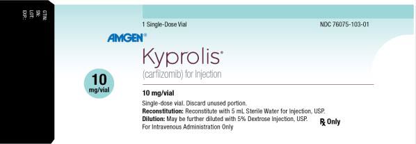 PRINCIPAL DISPLAY PANEL 1 Single-Dose Vial NDC 76075-103-01 AMGEN® Kyprolis® (carfilzomib) for Injection 10 mg/vial 10 mg/vial Single-dose vial. Discard unused portion. Reconstitution: Reconstitute with 5 mL Sterile Water for Injection, USP. Dilution: May be further diluted with 5% Dextrose Injection, USP. For Intravenous Administration Only Rx Only