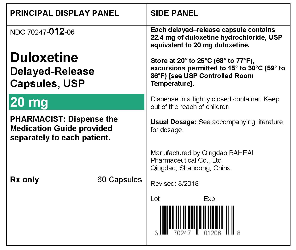 PACKAGE LABEL- Duloxetine Delayed-Release Capsules 20 mg, bottle of 60
