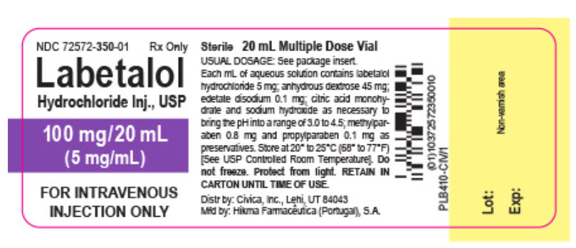 NDC 72572-350-01 Rx only Labetalol HCL Injection, USP 100 mg/20mL (5 mg/mL) FOR INTRAVENOUS INJECTION ONLY