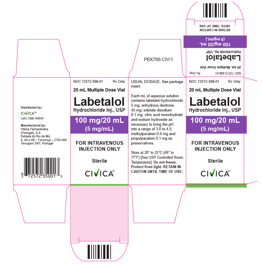 NDC 72572-350-01 Rx only Labetalol HCL Injection, USP 100 mg/20mL (5 mg/mL) FOR INTRAVENOUS INJECTION ONLY Sterile